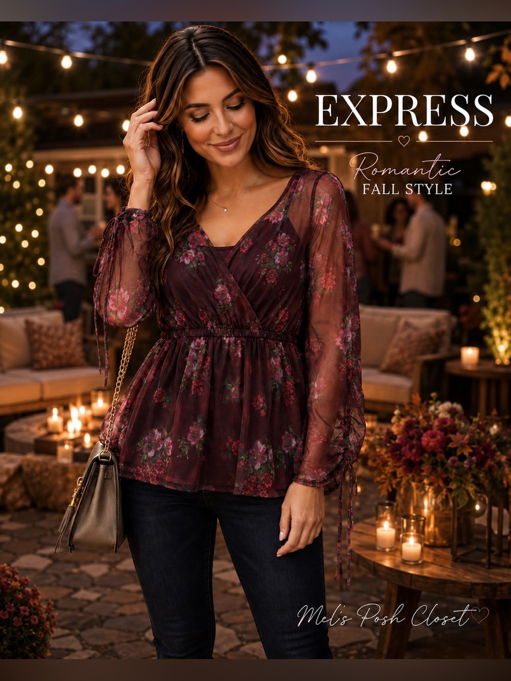 💫Express Burgundy Floral Mesh Wrap Peplum Top M